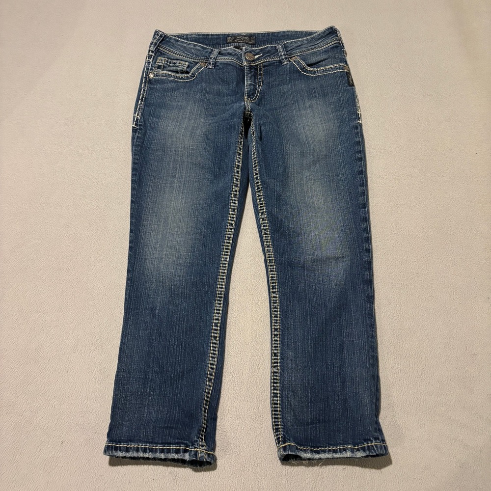 Silver Jeans Co Suki Capri Womens Size 31 Denim Embroidered Mid Rise Blue